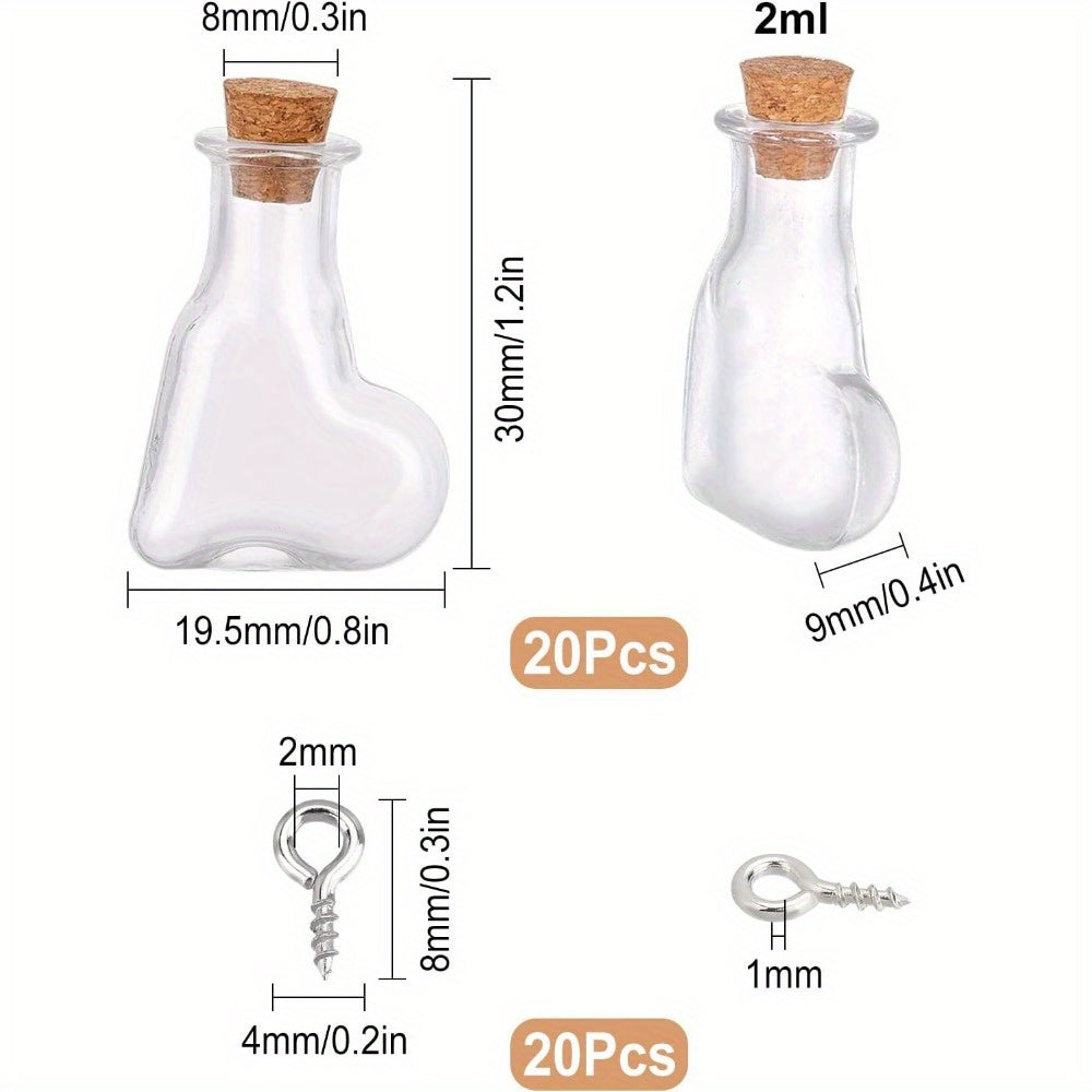 20Pcs Heart Shape Mini Wish Bottles Clear Tiny Wishing Bottle Glass Vials Jar with Wood Cork Stopper & 20Pcs Eye Pin Peg Bails for DIY Crafting Message
