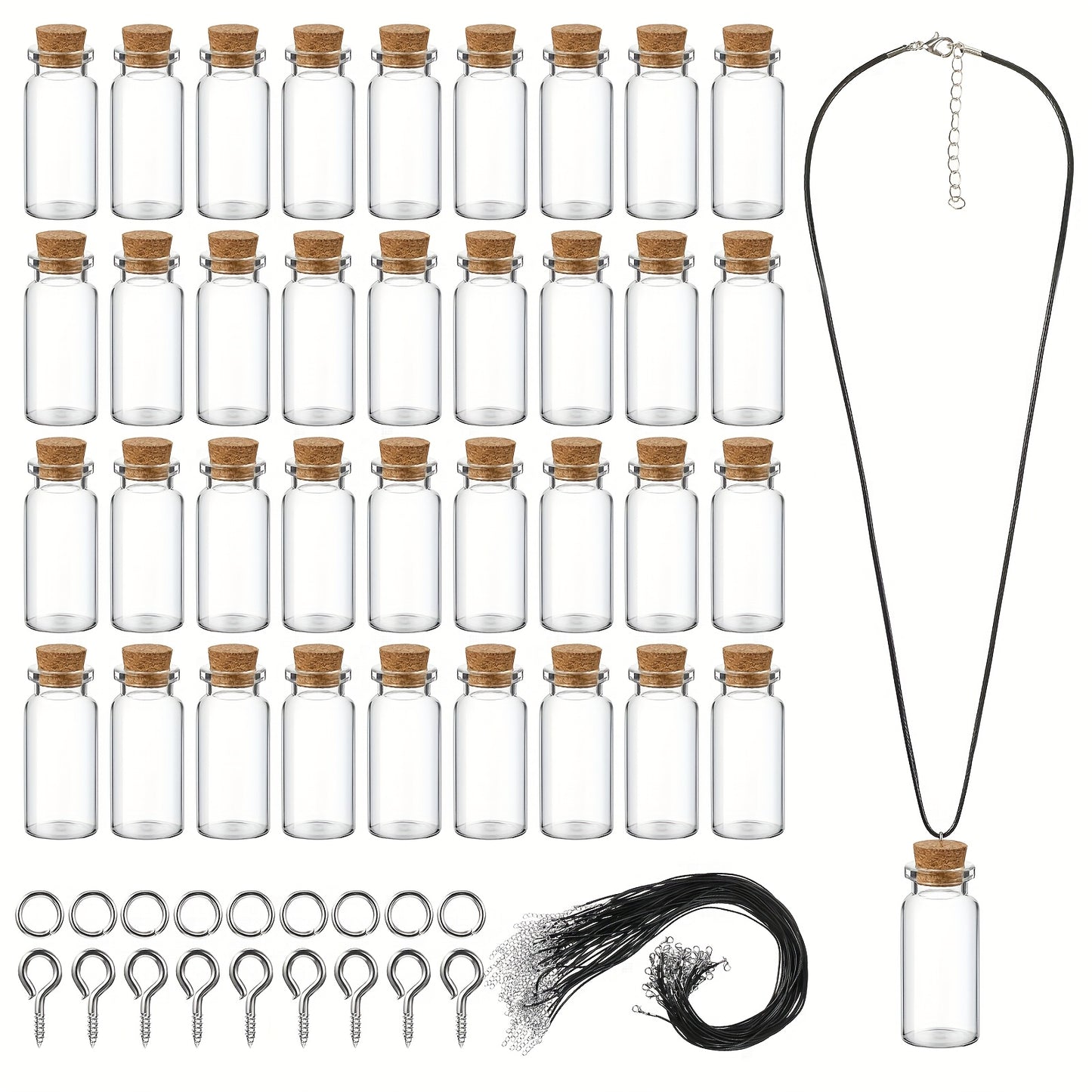 50pcs 0.34oz Mini Glass Bottles with Cork, Tiny Wishing Bottles with 50pcs Black Waxed Cord, 100pcs Eye Screws And 100pcs Clasp Rings, for DIY Crafts Container Necklace Jars