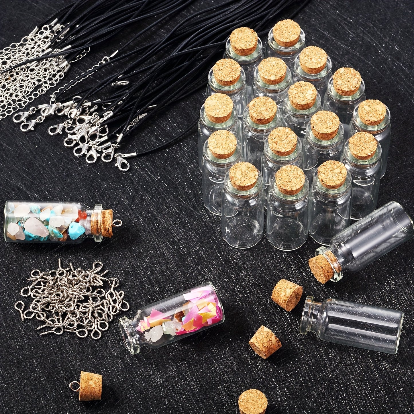 50pcs 0.34oz Mini Glass Bottles with Cork, Tiny Wishing Bottles with 50pcs Black Waxed Cord, 100pcs Eye Screws And 100pcs Clasp Rings, for DIY Crafts Container Necklace Jars