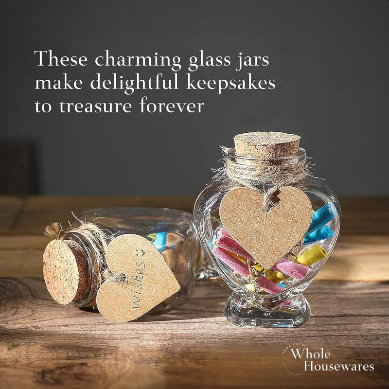 Heart Shaped Decorative Glass Bottles with Cork Stoppers 12pcs 5 oz Wish Bottles for Wedding Favors Keepsakes Spices Bath Salts Includes Personalized Heart Labels and String