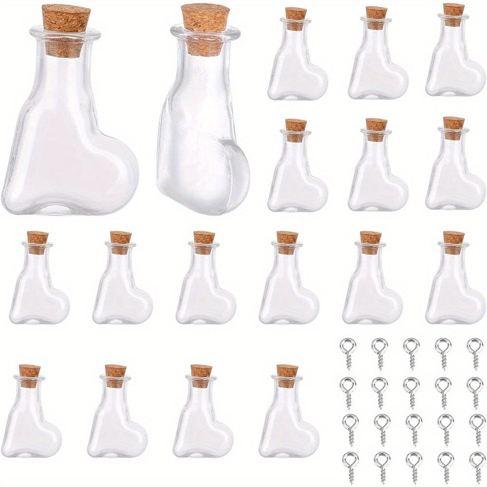20Pcs Heart Shape Mini Wish Bottles Clear Tiny Wishing Bottle Glass Vials Jar with Wood Cork Stopper & 20Pcs Eye Pin Peg Bails for DIY Crafting Message