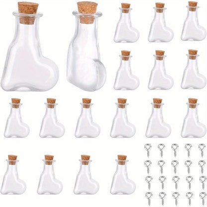 20Pcs Heart Shape Mini Wish Bottles Clear Tiny Wishing Bottle Glass Vials Jar with Wood Cork Stopper & 20Pcs Eye Pin Peg Bails for DIY Crafting Message