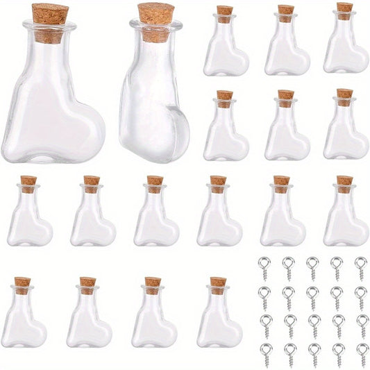 20Pcs Heart Shape Mini Wish Bottles Clear Tiny Wishing Bottle Glass Vials Jar with Wood Cork Stopper & 20Pcs Eye Pin Peg Bails for DIY Crafting Message