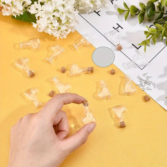 20Pcs Heart Shape Mini Wish Bottles Clear Tiny Wishing Bottle Glass Vials Jar with Wood Cork Stopper & 20Pcs Eye Pin Peg Bails for DIY Crafting Message