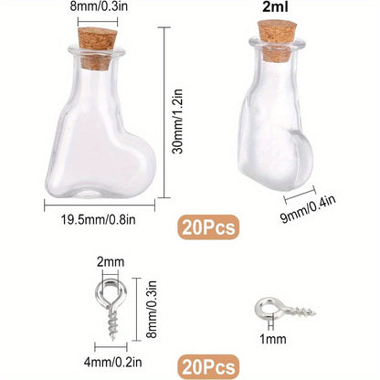 20Pcs Heart Shape Mini Wish Bottles Clear Tiny Wishing Bottle Glass Vials Jar with Wood Cork Stopper & 20Pcs Eye Pin Peg Bails for DIY Crafting Message