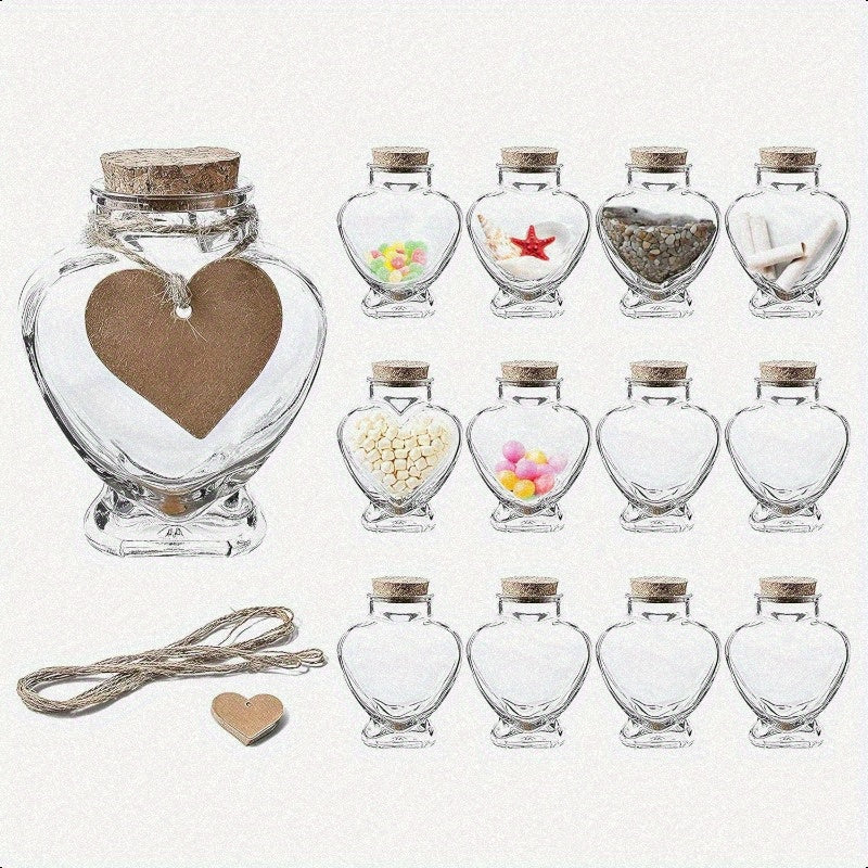 Heart Shaped Decorative Glass Bottles with Cork Stoppers 12pcs 5 oz Wish Bottles for Wedding Favors Keepsakes Spices Bath Salts Includes Personalized Heart Labels and String