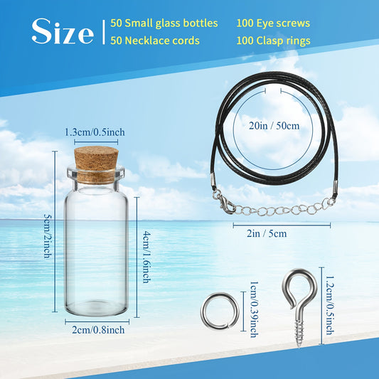 50pcs 0.34oz Mini Glass Bottles with Cork, Tiny Wishing Bottles with 50pcs Black Waxed Cord, 100pcs Eye Screws And 100pcs Clasp Rings, for DIY Crafts Container Necklace Jars