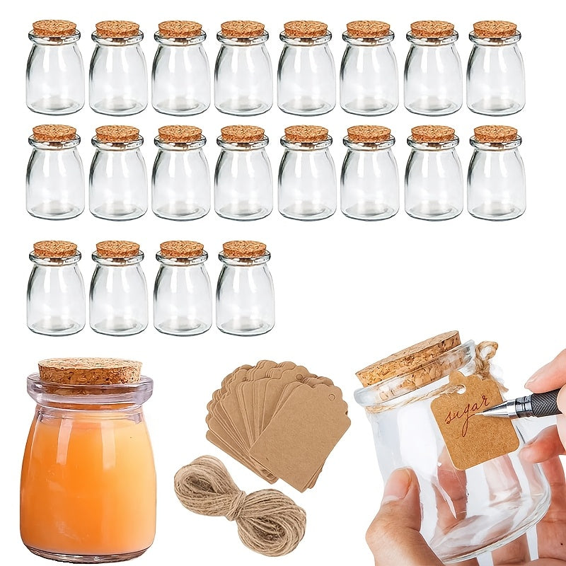 20pcs Mini Mason Jars with Corks, Brown Kraft Labels & Natural Hemp Twine - 3.38oz Glass Wishing Bottles for Messages, Wedding Favors, Pudding, and Honey Storage - Reusable & Hand Wash Only
