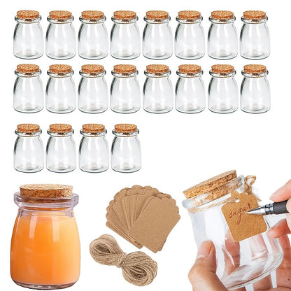 20pcs Mini Mason Jars with Corks, Brown Kraft Labels & Natural Hemp Twine - 3.38oz Glass Wishing Bottles for Messages, Wedding Favors, Pudding, and Honey Storage - Reusable & Hand Wash Only
