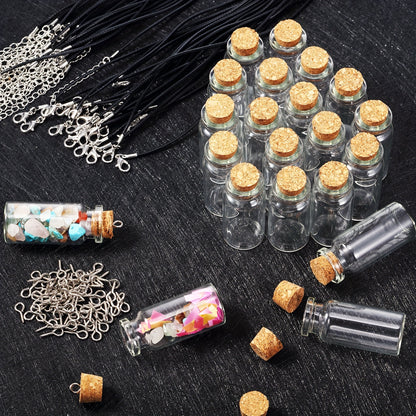 50pcs 0.34oz Mini Glass Bottles with Cork, Tiny Wishing Bottles with 50pcs Black Waxed Cord, 100pcs Eye Screws And 100pcs Clasp Rings, for DIY Crafts Container Necklace Jars