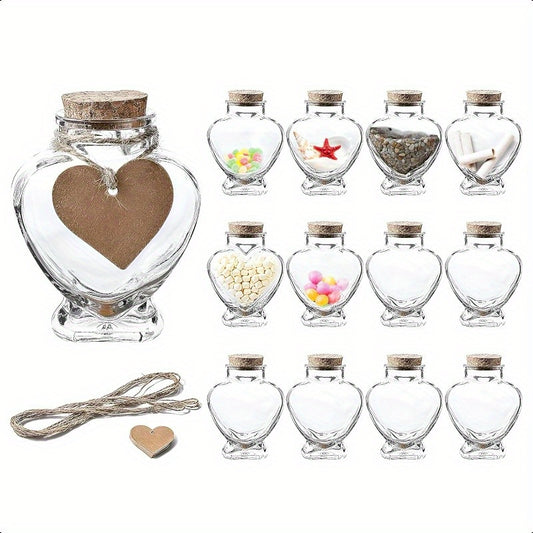 Heart Shaped Decorative Glass Bottles with Cork Stoppers 12pcs 5 oz Wish Bottles for Wedding Favors Keepsakes Spices Bath Salts Includes Personalized Heart Labels and String
